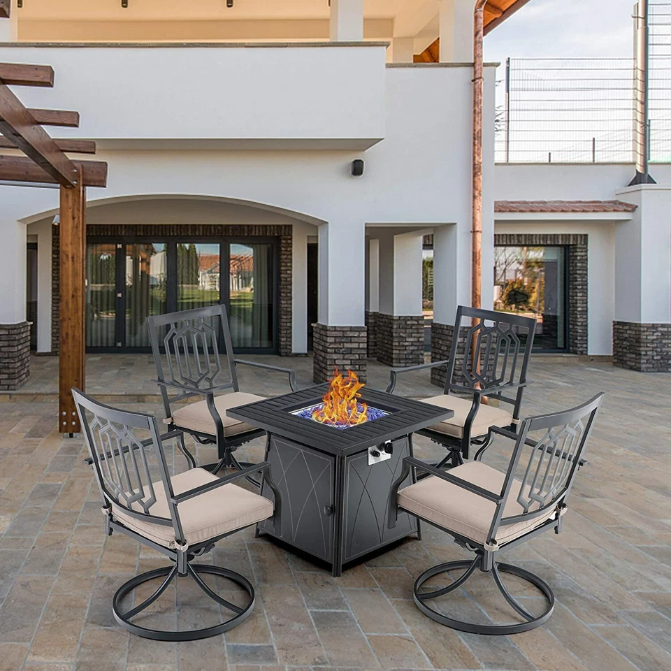 PHI VILLA 5 Piece Outdoor Furniture Set with Gas Firepit Table Patio Swivel Chairs