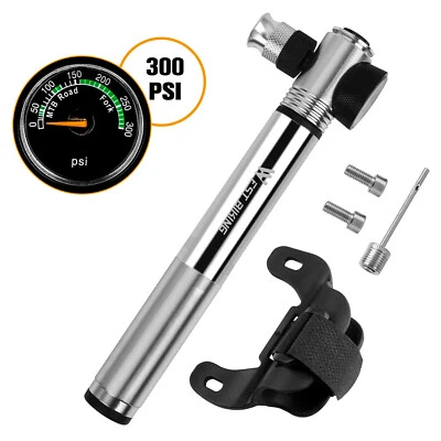 WEST BIKING Schrader Presta Valve Bicycle Pump with Pressure Guage 300PSI Sliver - Image 1 of 4
