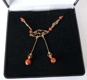 Edwardianische filigrane Halskette 9 Karat Gold Koralle farbige Glasperlen Tropfen - Bild 1 von 8