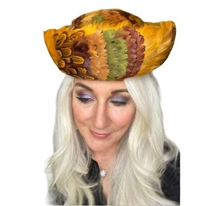 50s VTG RETRO Womens Pheasant Feather  Hat Stunning Gold Breton 21"  Maisel - Picture 1 of 7