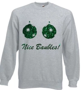 Nice Baubles boobs glitter Christmas sweater rude joke funny jumper xmas ladies - Picture 1 of 2