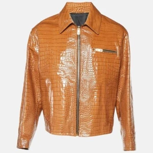 Men's Cow Leather Crocodile Embossede Real Luxury Brown Leather Jacket - Picture 1 of 4