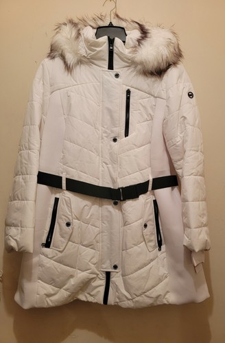 MICHAEL KORS Cappotto tampone con cappuccio donna taglie forti in pelliccia sintetica bianco taglia 2x