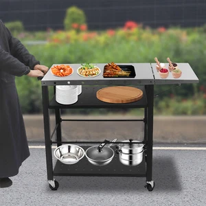 Grill Cart Table Grill Cart Table with Foldable Side Table Cooking Prep Table - Picture 1 of 21