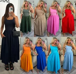 Women Ribbed Pocket Skater Dress Ladies Sleeveless Summer Long Flared Midi Dress - Picture 1 of 20