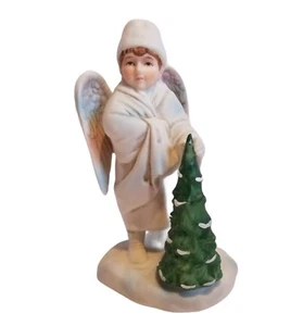 Vintage 1986 Enesco Porcelain Ceramic Child Angel standing over Evergreen Tree  - Picture 1 of 5