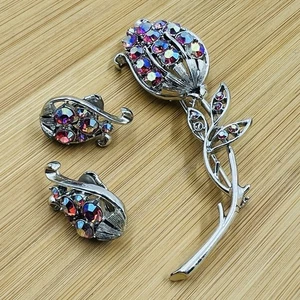 Coro Pegasus Pink AB Rhinestone & Silver Tone Flower Earrings Brooch Set *READ* - Picture 1 of 10