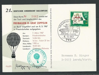 21. Deutsche Kinderdorf Ballonpost Friedrichshafen - Güttingen/CH, 1967 #1056041 - Bild 1 von 2