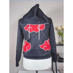 Naruto Saske Cloud Symbols Anime Hoodie Black Red Sweatshirt Junior Size XS USED - Picture 1 of 8