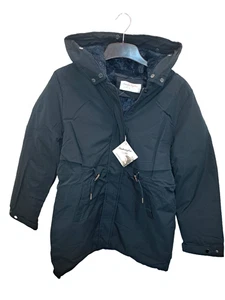 Abrigo con capucha de invierno para mujer forrado de piel 3/4 largo azul marino cremallera chaqueta parka - Imagen 1 de 3