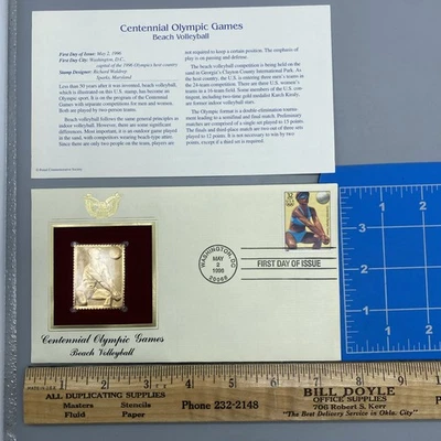 CENTENNIAL OLYMPIC GAMES 22k Gold Stamp First Day Issue 32 Cent BEACH VOLLEYBALL - Image 1 of 4