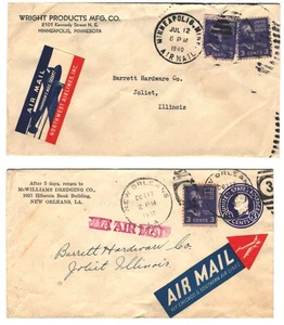 TWO DIFFERENT AIRMAIL LABELS ON AIRMAIL COVER.3 CENT COIL PREXIE TYED COVER - Picture 1 of 1