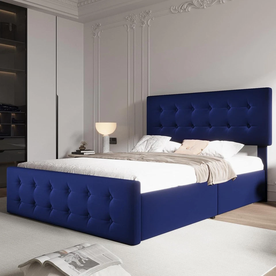 Marco de cama tapizado tamaño queen con 4 cajones y cabecero ajustable, azul Foto 1 de 4