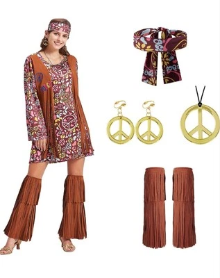 Women Hippie Dress 60s 70s Peace Costume Vintage Disco Halloween Boho Costumes - Image 1 of 4