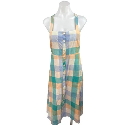 Madewell Rainbow Check Plaid Linen Button Cross Back Midi A-Line Tank Dress Sz 0 - Image 1 of 4