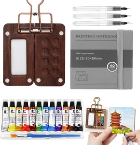 Mini Watercolor Palette Paint Set Pocket Travel Wooden Grid Box Clip 12 Colors - Picture 1 of 1