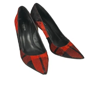 Coach Tamera Red Black Plaid Pony Hair Pointed Toe Pump Heel Shoes Sz 7.5 - Picture 1 of 14