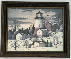 Vintage Charles Wysocki Matted Framed (12x10) Winter Lighthouse Americana Print - Picture 1 of 3