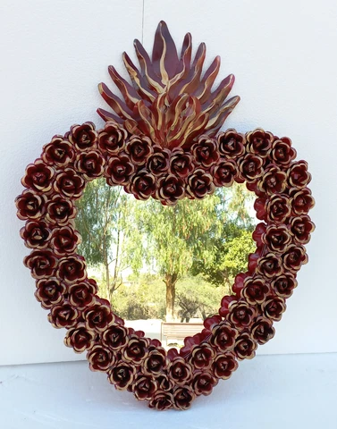 PUNCHED TIN MIRROR flower roses, Mexican hacienda style 25" Cover