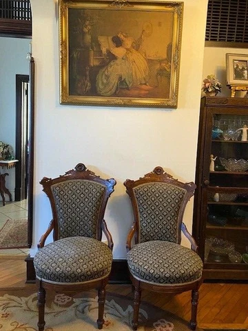 Eastlake Victorian Antique Upholstered Carved Walnut Pair Parlor Chairs Side Cover