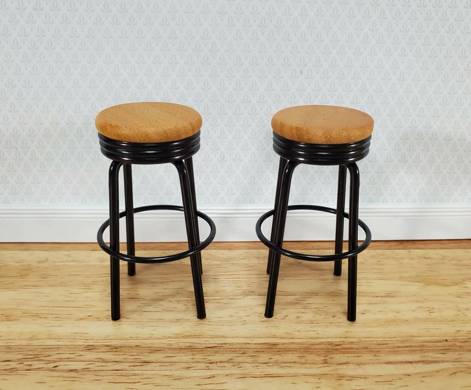 Dollhouse Bar Stools x2 Metal and Wood Black Finish 1:12 Scale Miniature Modern - Image 1 of 3
