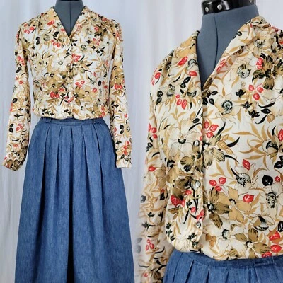 Vintage Levi Strauss Cream Blouse w Tan/Black/Red Florals Size 6 - Image 1 of 4