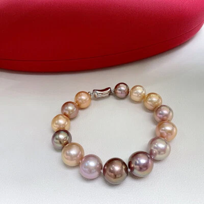 Natural 7.5"10-12mm south sea genuine purple pink round pearl bracelet 352AAA - Image 1 of 3