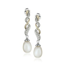 Pérola De Água Doce Twist Brincos Com Diamantes Em Prata Esterlina & Ouro 14K