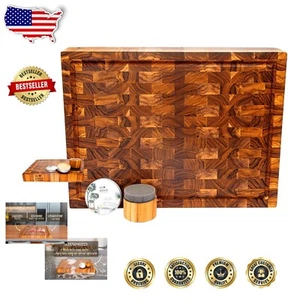 End Grain Teak Butcher Block Set with Eco-Friendly Wax & Applicator Included - Picture 1 of 11