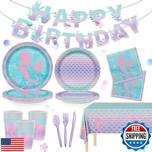170Pcs Mermaid Birthday Decorations, Mermaid Party Supplies Tableware Include - Picture 1 of 5