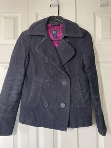 Gap Dark Navy Blue Corduroy Peacoat Purple Satin Liner XS Blazer Double Breasted - Picture 1 of 6