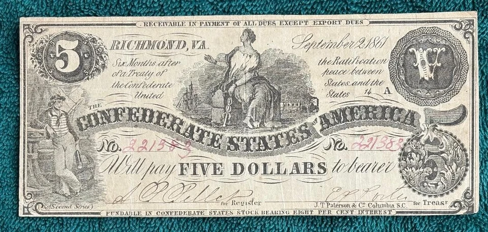 Confederate Currency. $5 - 1861- T-36. Commerce with Sailor. Great Condition!!   - Image 1 of 4