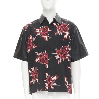 PRADA 2019 black red Rose Bolt cotton leather boxy bowling shirt EU48 M - Image 1 of 4