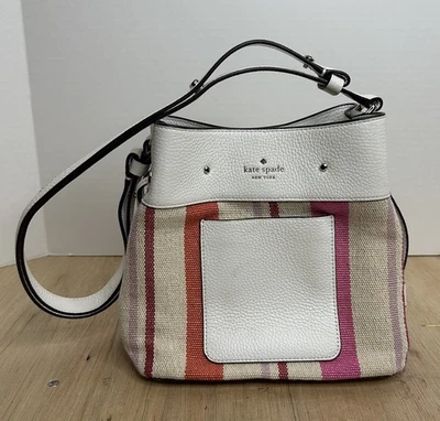 KATE SPADE NEW YORK WOMENS MARTI STRIPED CANVAS SMALL BUCKET SHOULDER BAG PURSE - Image 1 of 4