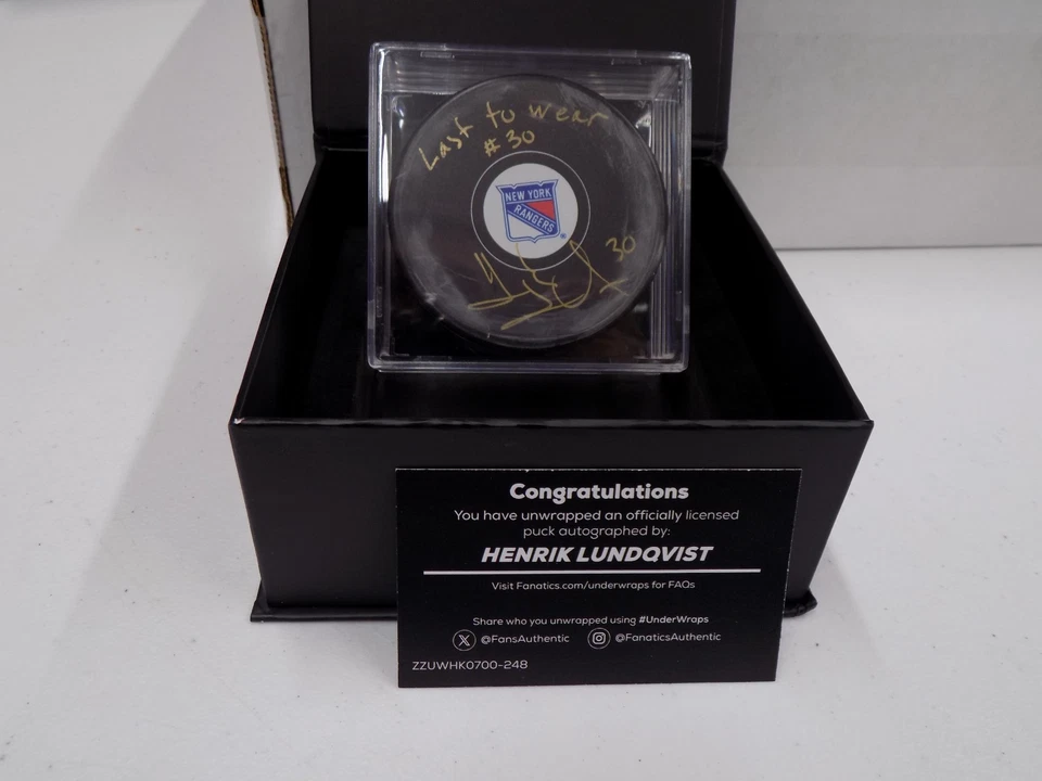 2025 Under Wraps Henrik Lundqvist New York Rangers Auto/Inscribed Puck - Image 1 of 1