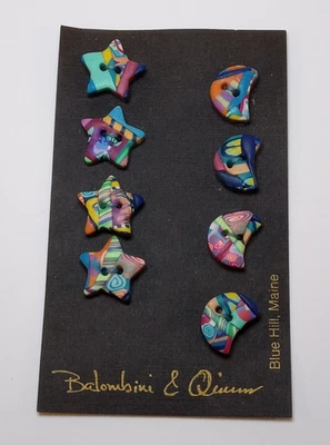 8 hand crafted polymer clay buttons by Balombini & Qinum Blue Hill Maine on card - Image 1 of 4