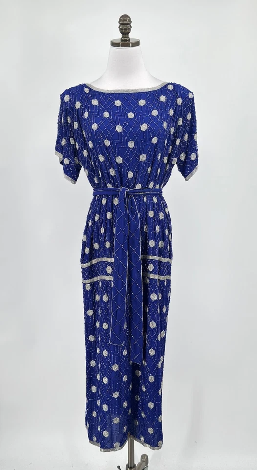 Vestido Midi Judith Ann Creations Vintage Azul Prata Seda Todo Frisado Tamanho M - Imagem 1 de 4