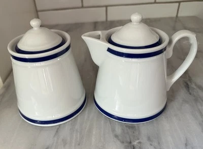RARE Williams Sonoma Brasserie Blue White Sugar Creamer Lids Set Bistro Japan  - Image 1 of 4