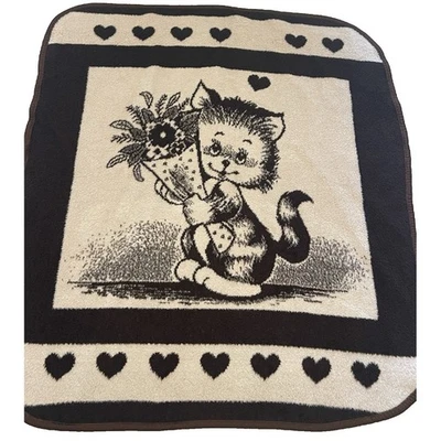 Винтажный San Marcos котенок цветы одеяло плюшевый коричневый кремовый двусторонний Baby акрил - Изображение 1 из 4