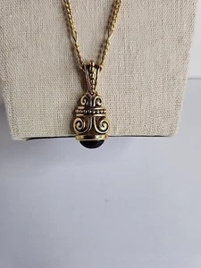 Vintage Goldtone Black Cabochon Pendant Necklace on Figaro Chain Retro Jewelry - Picture 1 of 10