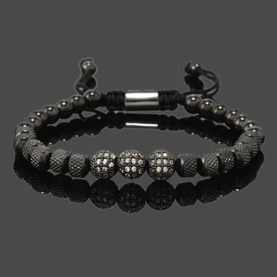 Pulseira de contas masculina de aço inoxidável com corrente redonda estilo miçangas tom dourado CZ - Imagem 1 de 4