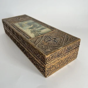 Antica scatola ornata italiana fiorentina legno dorato arte 11,5" lunga bigiotteria vintage - Foto 1 di 13