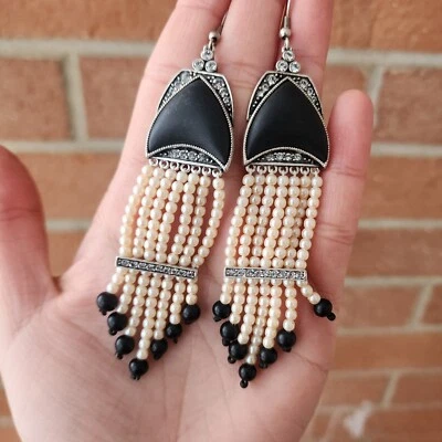 Vtg Black Plastic Rhinestone Faux Pearl Tassel Fringe Pierced Earrings Silver Tn - Image 1 of 4