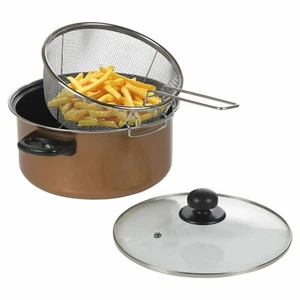 Copper Look Non Stick Chip Pan Deep Fat Fryer Frying Basket Lid Set 24cm 9" - Picture 1 of 6