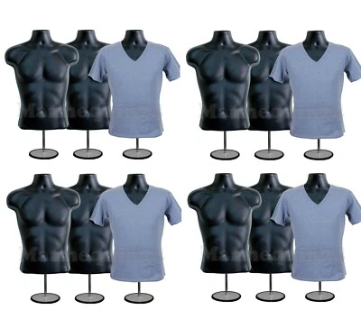 12 Pack Mannequin Torsos Male & 12 Stands Black Men Clothing Display Body Forms - Image 1 of 4