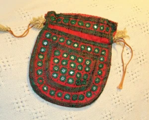 Beaded Draw String Purse With Decorative Sewing Red Emerald Green APouch For All - Picture 1 of 7