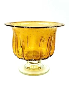 Vintage Footed Blown Amber Gold Art Glass Fluted Bowl with Bubbles - Picture 1 of 7