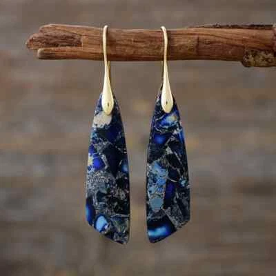 Natural Blue Imperial Jasper Teardrop Dangle Earrings Gemstone Drop Boho Jewelry - Image 1 of 4