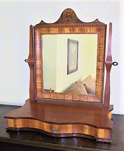 Antique Large 19th C 23" Inlaid Oak Mahogany Shaving Mirror Vanity Dresser Chest Cover