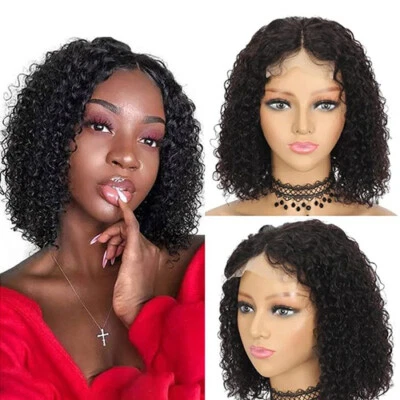 Black Curly Wave T Lace Front 100% Human Hair Wig Remy Pre-plucked Glueless  - Image 1 of 4